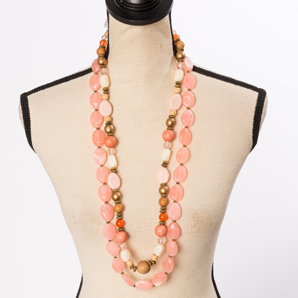 2 longer length beaded necklaces peachy pink, tan & gold Accessory Crossing
